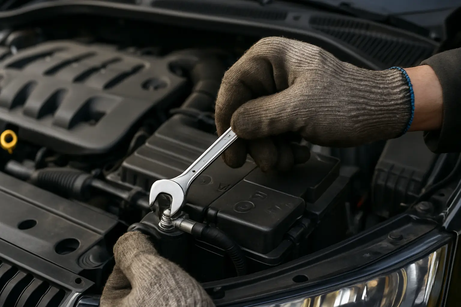 Процесс демонтажа аккумулятора на Skoda Rapid