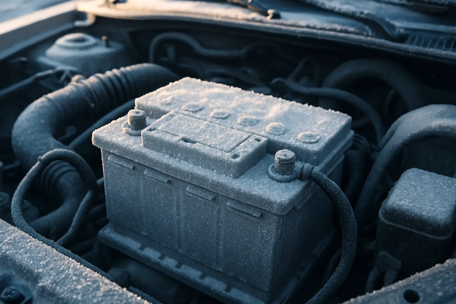 Аккумулятор под капотом автомобиля зимой